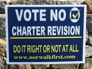 Campaign sign urges Norwalk voters to say no to charter revision in 2016.